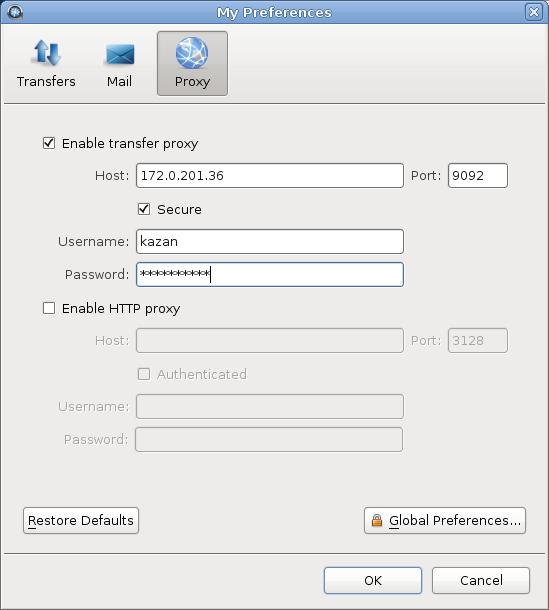 Transferring Files with the Application 36 Under Proxy, the values inherited from the global proxy settings are displayed.