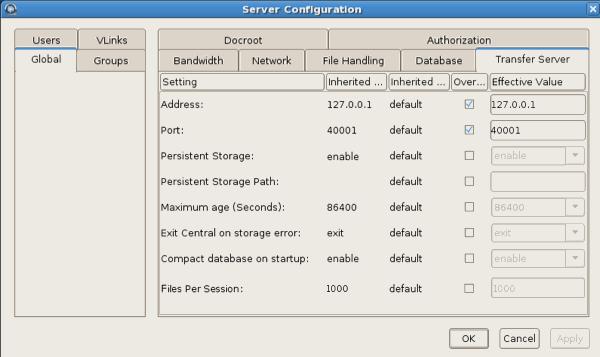 Managing Global Transfer Settings in the GUI 64 To configure the computer's Aspera Central transfer server, click Global tab in the left panel and select the Transfer Server.