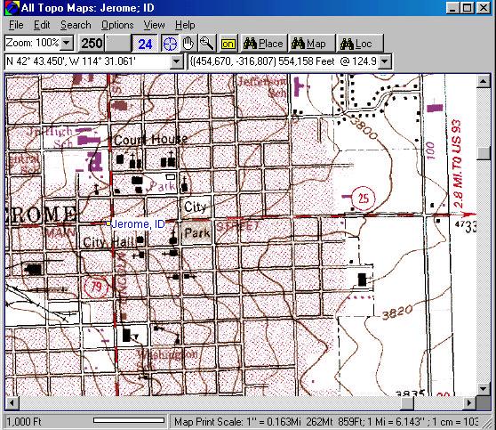 All Topo Maps brings up the appropriate quad map. (You may be prompted to enter the correct CD with your map on it.) 4) The quad map containing Jerome is displayed.