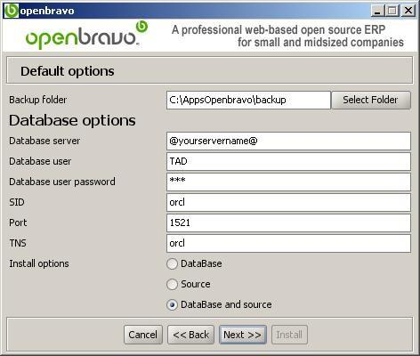 V.Openbravo installation In this dialog box you can configure the following options: Backup folder: specifies the folder that the installation program uses to store backup copies in case of upgrading.