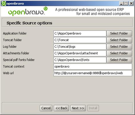 V.Openbravo installation In this dialog box we can define the folders that Openbravo uses: Application folder: where the application will be installed.