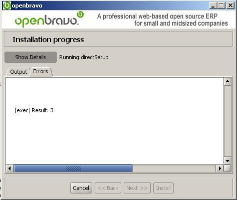 V.Openbravo installation Lastly, we reach the Install step. Once the process has started, we can click the Show Details button to see the detailed log of the installation process.