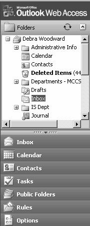 The lower half shows the different options available within Outlook: Inbox (contains your e-mail messages) Calendar create and track appointments and meetings Contacts list of e-mail and other