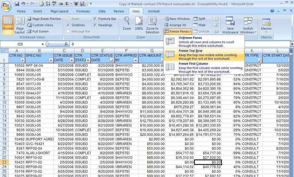FREEZE ROWS IN WORKSHEET ACTIVITY: Excel 2007 allows for a simple freeze pane selection when you wish to maintain visibility of column or row headings as you scroll through your worksheet Unlike