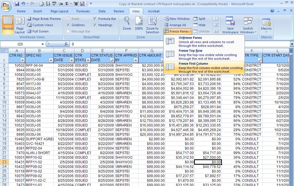 FREEZE COLUMNS IN WORKSHEET ACTIVITY: Go to the View tab, then in the Windows Group: Select Freeze first column Result: First column on the left (Contract Numbers) will remain visible