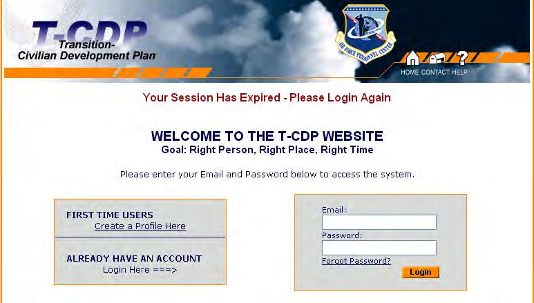 Requesting a User Account 1. Go to https://www.t-cdp.hq.af.mil. NOTE: You cannot log into T-CDP until you have successfully created an Employee profile in the system. 2.