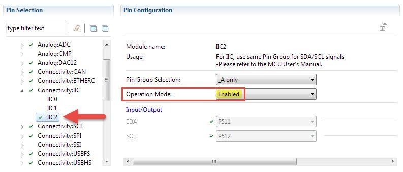 In the Pins tab verify that the RIIC I/O pins are enabled: Select g_external_irq0