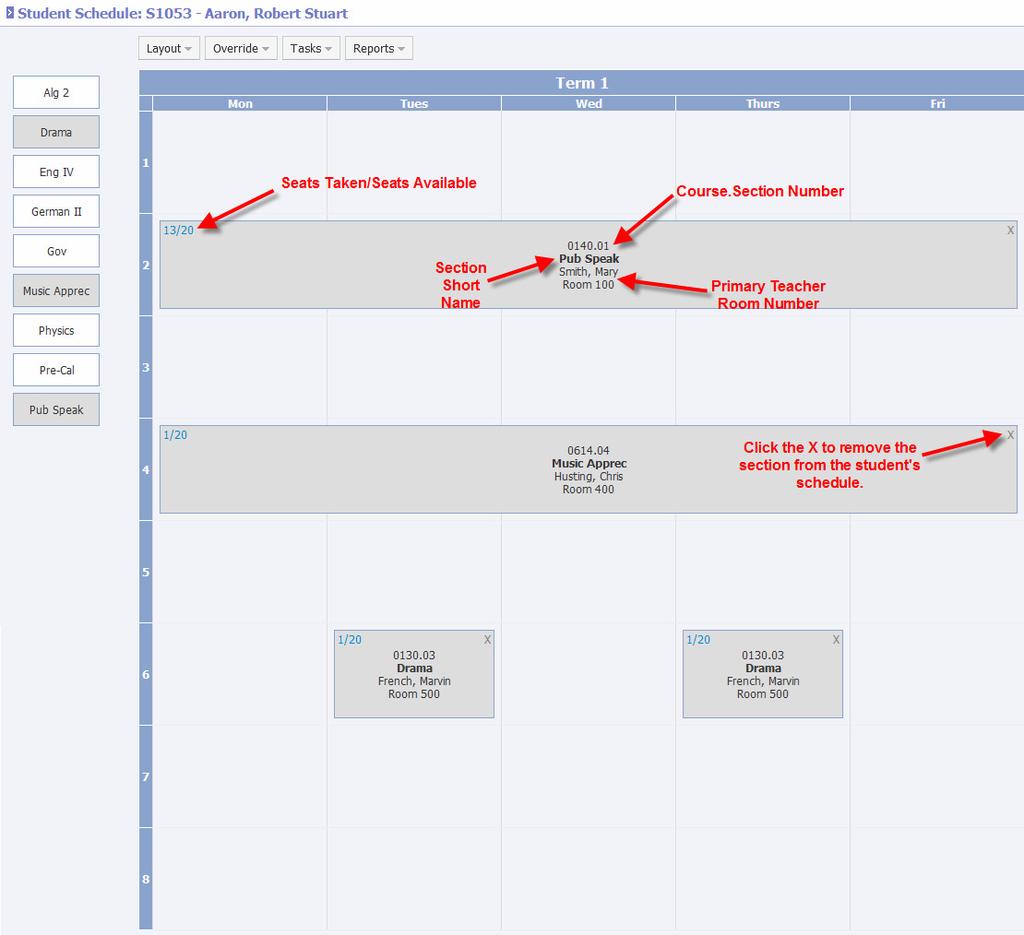 Student Schedule Matrix View An ptin is available t view and mdify a student s schedule frm a matrix view. This allws fr a graphical wrking view f the students schedule and requests.