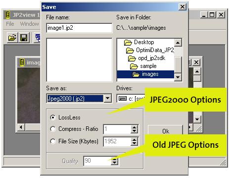 4 Sample program OptimiData JPEG2000 C-SDK Figure 6: Save File Dialog box Save as JPEG2000 (*.jp2 or *.j2k): The upper part of the compression options are used to control the parameters.