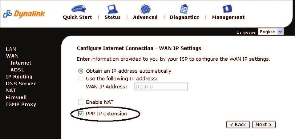 Caution: This mode of operation assumes firewall security will be provided by another device on your LAN. To set up IP extension, go to the Advanced menu. Select WAN > Internet.