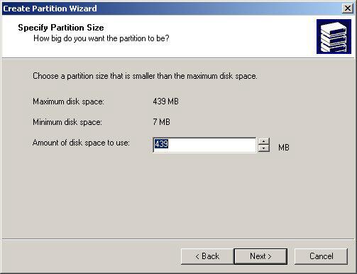 The first screen of the wizard prompts for the type of partition required.