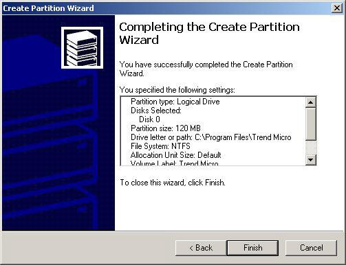 The last screen shows confirmation of the selected options once the partition has been successfully created. Click Finish to exit the wizard and begin formatting the new drive.