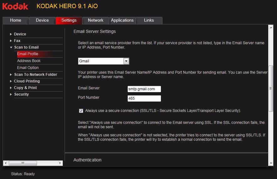 KODAK HERO 9.1 All-in-One Printer 7. Under Email Server Settings, enter your email service provider.