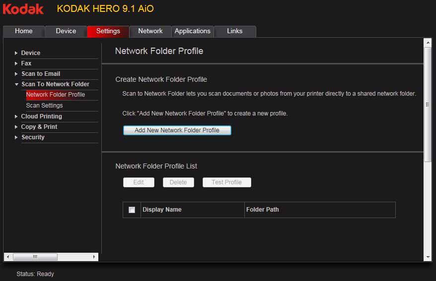 Online Printer Management Tool Adding a network folder profile To add a network folder profile that you can access from the control panel: 1.