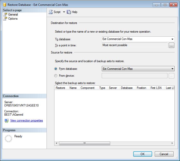 Restoring the SQL Database Database window. 4. Select the database you want to restore in the To databasebox.