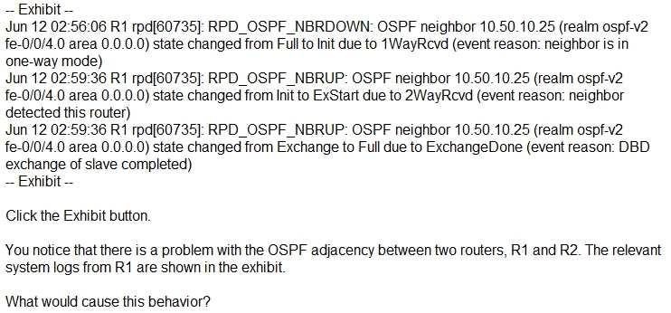 Correct Answer: AD /Reference: QUESTION 33 A. R2 was dropping R1's OSPF hello packets. B. R1 was dropping R2's OSPF hello packets. C.