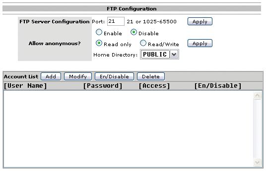 4.2.5 FTP Server Remember to enable the FTP service on the Status page when you plan on using the FTP server.