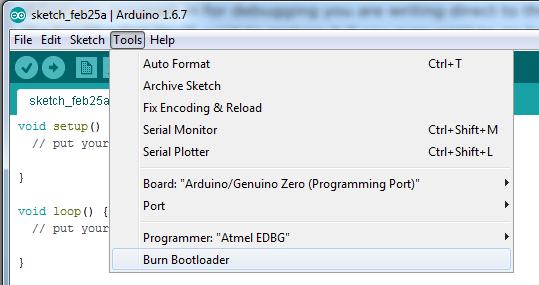 Restoring Bootloader When you program in for debugging you are writing direct to the chip, this deletes the bootloader! You'll want to restore it if you ever want to go back to using the Arduino IDE.