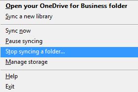 2. Right click on the OneDrive icon and select Stop syncing a folder 3.