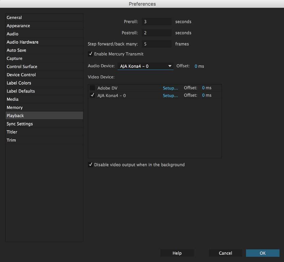 Figure 4. Player Settings Panel in Premiere Pro Preferences Video Device Setup For Video Device, select the AJA device you are using and click Setup.