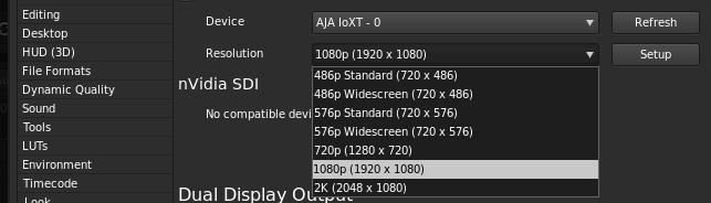 Go to the SpeedGrade Preferences screen>display tab, and choose your AJA unit in the Device pulldown menu and check the Enable checkbox to the left. Figure 21.