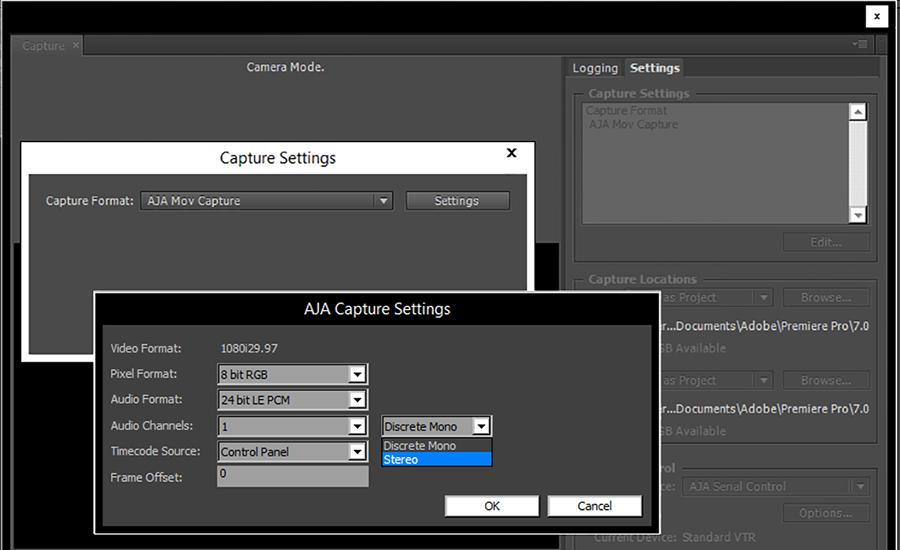 Figure 3. AJA Capture Settings panel Pixel Format Choices Supported pixel formats are shown in the following table. Table 1.