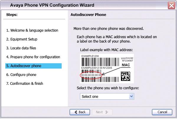Virtual Private Network Figure 20: Autodiscover Phone (more than one phone was discovered) window a. Obtain the MAC address of the IP Deskphone for which you are configuring the VPN.
