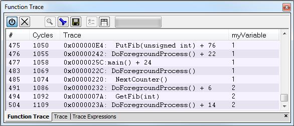 Trace Function Trace window The Function Trace window is available from the C-SPY driver menu during a debug session. This window displays a subset of the trace data displayed in the Trace window.