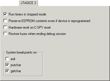 Debugger options JTAGICE 2 The JTAGICE 2 options control the JTAGICE driver. Run timers in stopped mode Runs the timers even if the program is stopped.