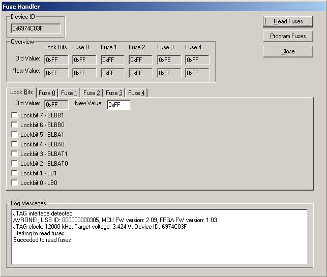 Reference information on the C-SPY AVR ONE! driver Fuse Handler dialog box The Fuse Handler dialog box is available from the AVR ONE! menu.