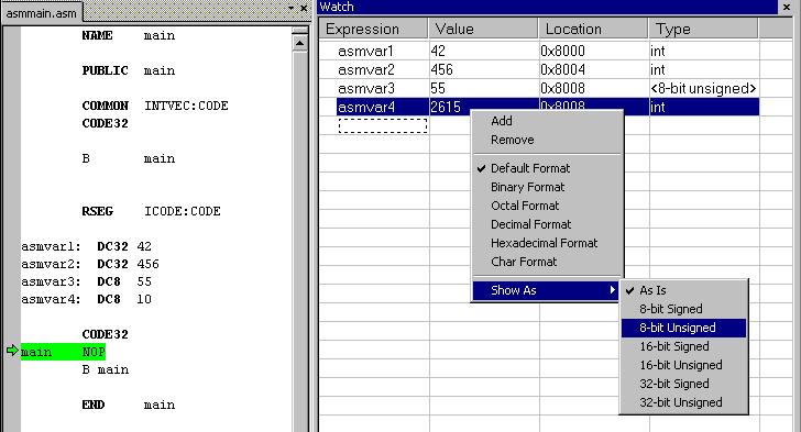 Reference information on working with variables and expressions In this figure, you can see four variables in the Watch window and their corresponding declarations in the assembler source file to the