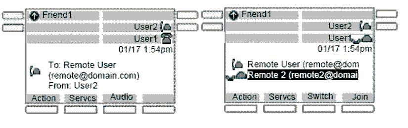 Multiuser Figure 48: 1120E IP Deskphone with one and multiple calls Related links Multiuser on page 197 Instant Messages Only the primary account can send or receive instant messages.