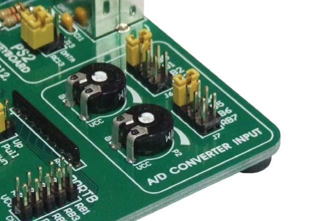 ADC INPUT ENABLED A/D CONVERTER INPUT EASYdsPIC4 development board has two potentiometers for working with Analog to Digital Converter (ADC). Both potentiometers outputs are in the range of 0V to 5V.