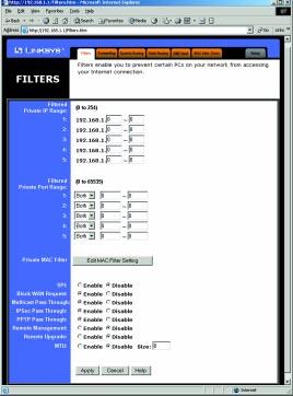 Filters Setting Up Filters To set up a filter using IP addresses, enter the range of IP addresses you wish to filter into the IP address fields.