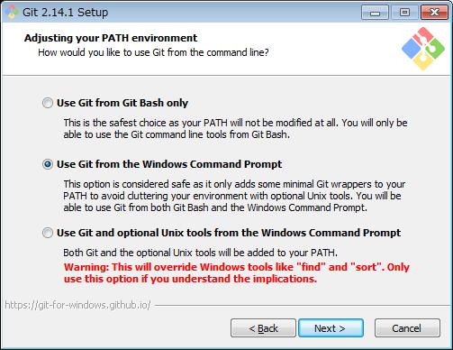 Here, be sure to select the second option Use Git from the Windows Command Prompt. 9. Click the Next button.
