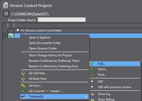 On the Start page of the Sysmac Studio, select Version Control Explorer and open the Version Control Projects window. 2.
