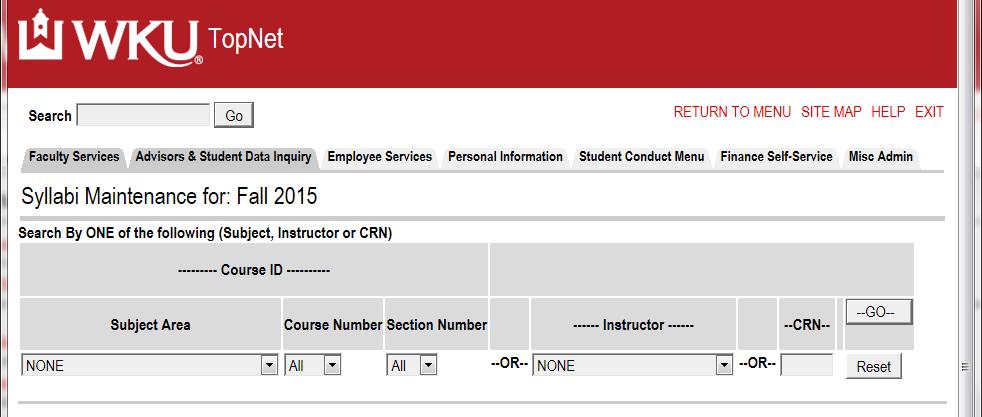 Select the Term, then select subject Area or Course Number & Section Number or Instructor or CRN then select the Go button.
