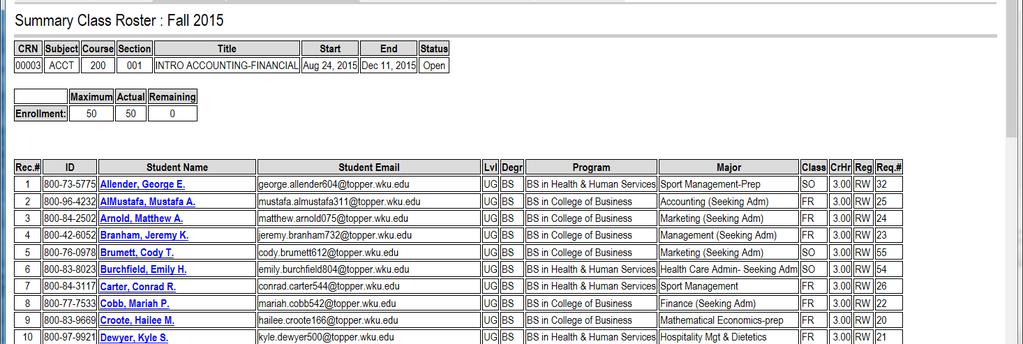 Class Roster Scroll to the bottom of the list to Download to Excel just like you do the