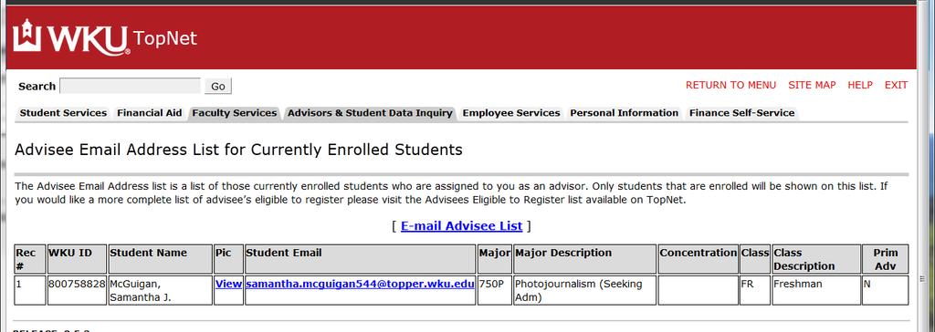 This form contains the registration hours allowing the advisor to view if the student is currently registered for courses.