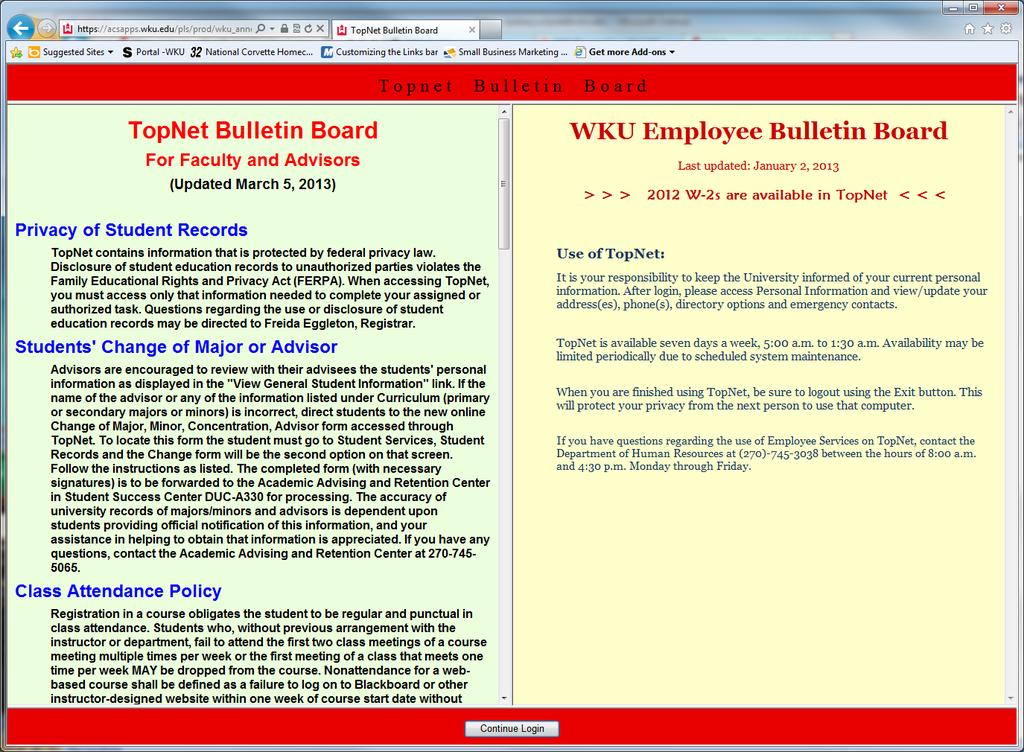 TopNet Bulletin Board information. Click the Continue Login button.