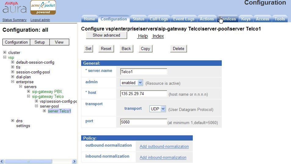 7.2.4.1 Telco1 Step 1 - Go to vsp enterprise servers and any previously defined sip-gateways will be displayed. In the reference configuration sip-gateways PBX and Telco1 were defined.