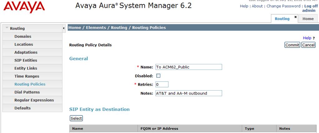 Routing Policy for Public Routing to Avaya Aura Communication Manager This routing policy is used for inbound calls from AT&T as well as for outbound calls from Avaya Aura Messaging (Reach-Me and