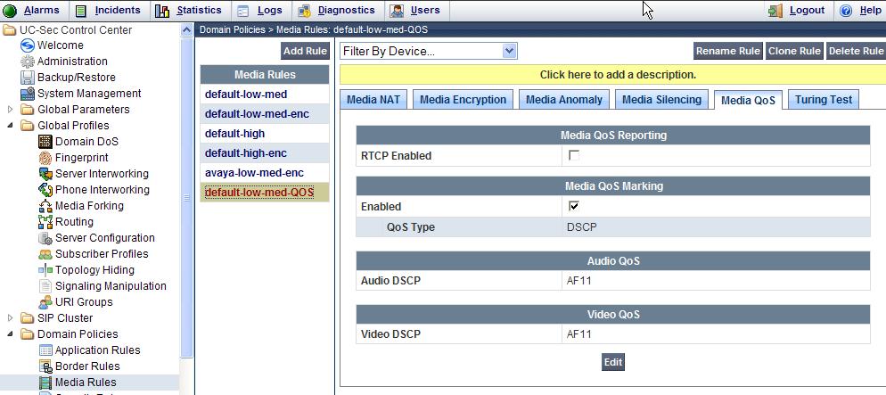 The screen shot below shows the completed Media Rules window. 8.4.3. Signaling Rules Signaling Rules may be used to remove or block various SIP headers.