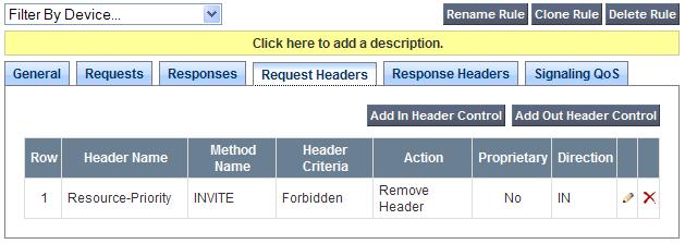 The completed Request Headers form is shown below. Note that the Direction column says IN. Note No Response Header manipulation is required. 8.4.3.5 AT&T Signaling QOS 1.