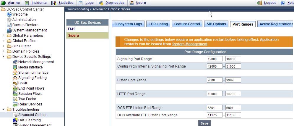 8.6. Troubleshooting Port Ranges The default port range in this section needs to be changed to exclude the AT&T RTP port range of 16384 32767 (Section 8.5.2). 1. Select Troubleshooting from the menu on the left-hand side 2.