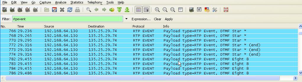 The following is an example of a call filtering on DTMF. The following is an example of a call filtering on RTP.