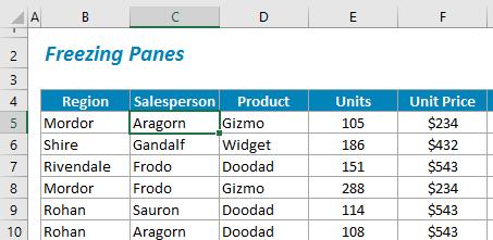 scroll to another area of the worksheet, you can lock specific rows and/or columns in one area by Freezing Panes.