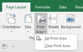 To clear the Print Area (and therefore go back to the printing defaults Excel establishes), click then Clear Print Area on the Page Layout tab.