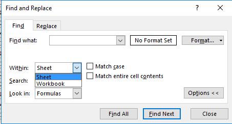 Be careful when using this function. If you want to replace the items in the entire sheet, make sure you only have one cell selected.