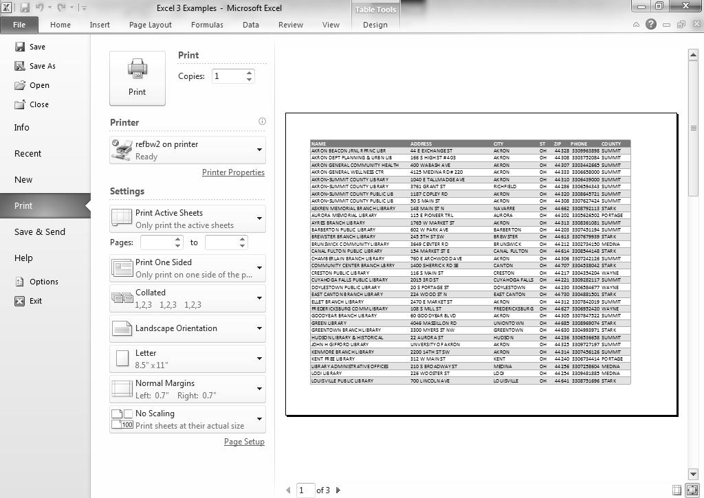Preview and Print a spreadsheet (Backstage View) View the sheet you want to print. Click the green File tab to enter Backstage View, then click Print in the sidebar at the left.